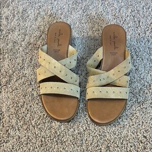 Mila Paoli Beige Crisscross Studded Slide Sandals